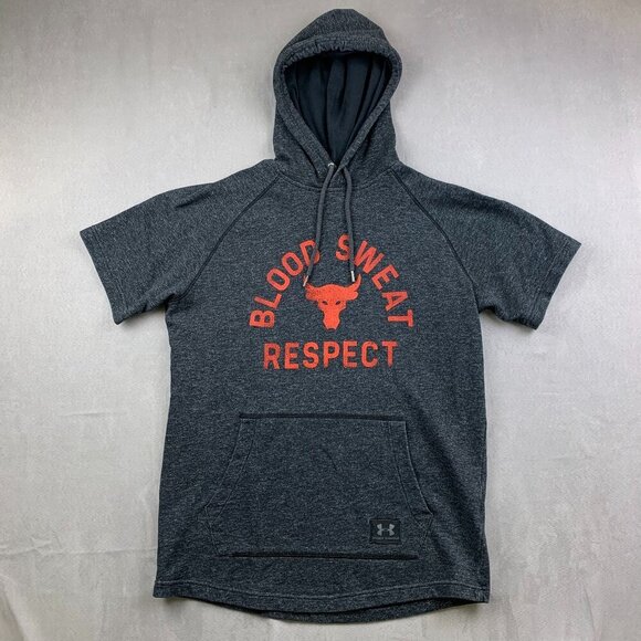Under Armour Project Rock Men Large Black Hoodie ShortSleeve Blood Sweat Respect - Picture 1 of 9